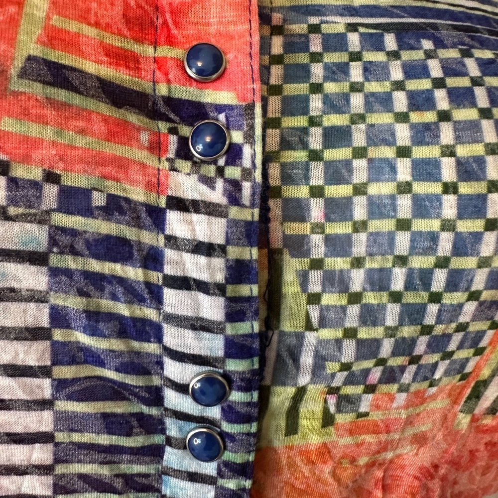 Carine Patchwork Print Gem Button Down Top Small … - image 3